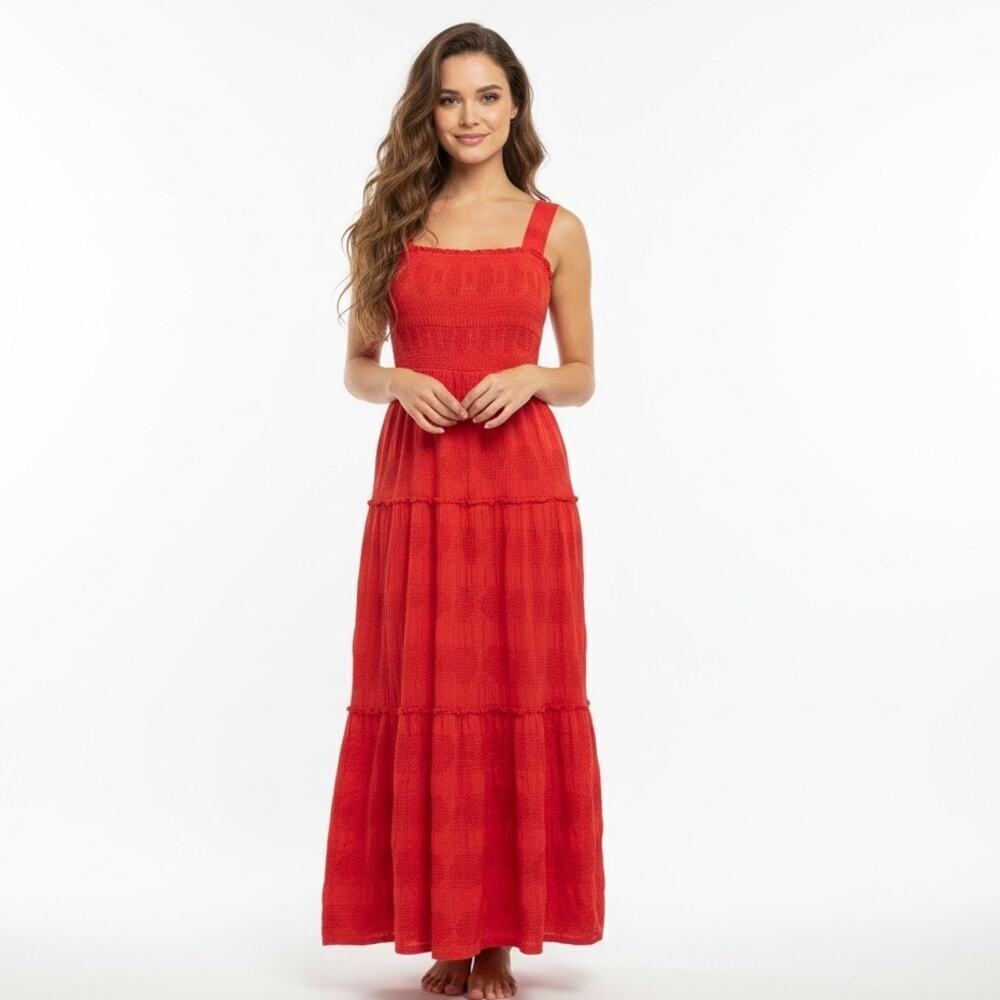 Umgee Red Smocked Cotton Maxi Dress Tiered Thick Strap Medium Resort Summer
